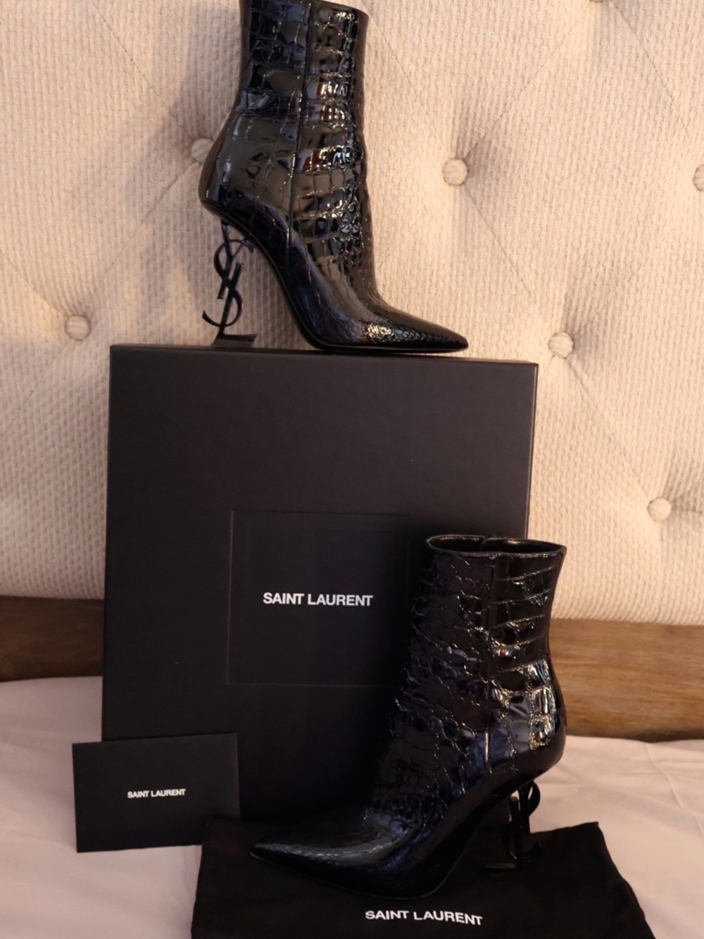 Saint Laurent Black Croc-Embossed Patent Leather YSL-Heel Ankle Boots
